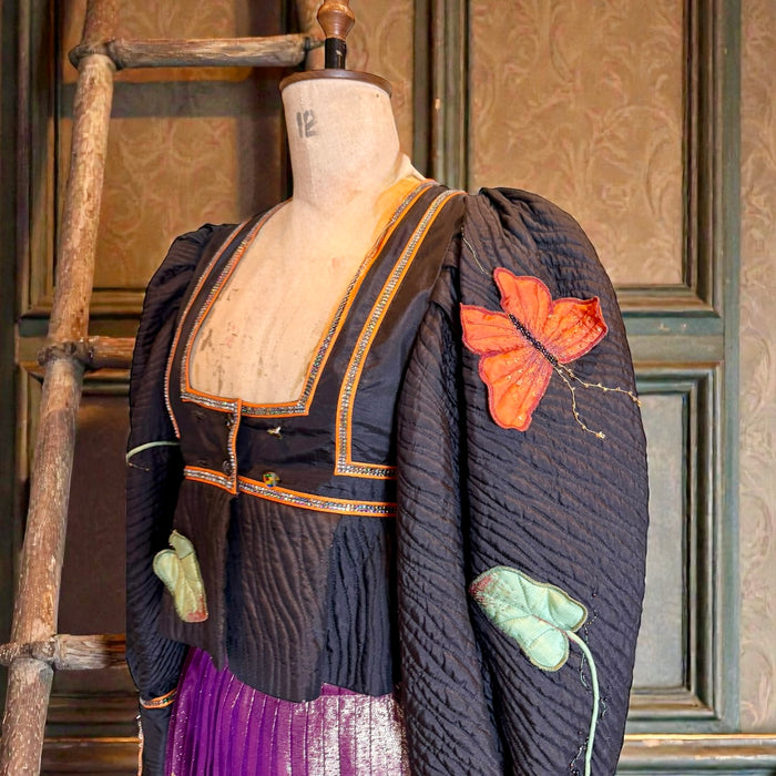 Bill Gibb, 70s jacket embroidered jacket and reversible metallic skirt