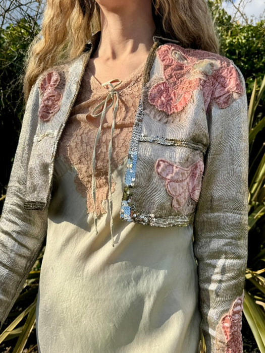 Cassius, 20s silver lamé jacket with pink velour appliqués