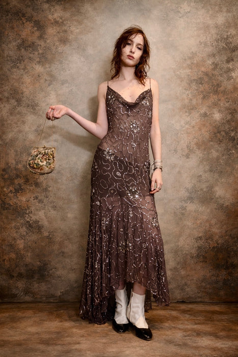 Aria, 90s anthracite silk bias cut beaded mermaid dress