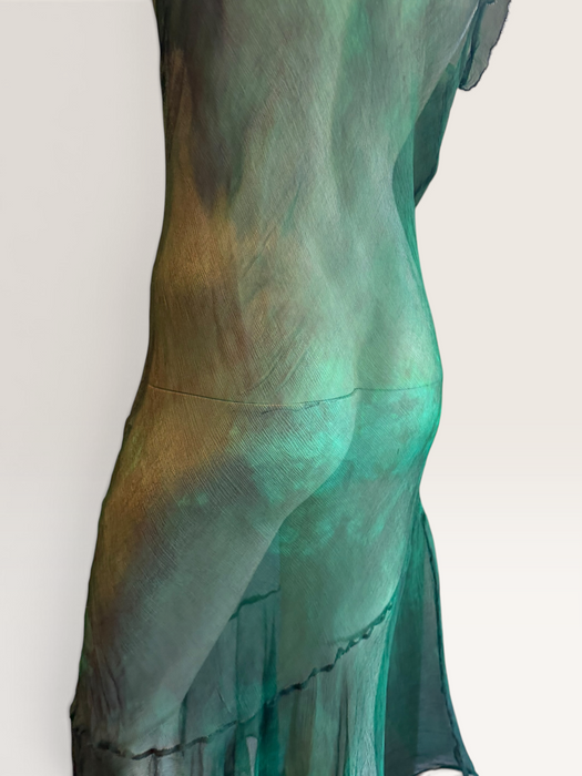 Ronda, hand dyed emerald green bias cut, asymmetric vintage chiffon beaded dress