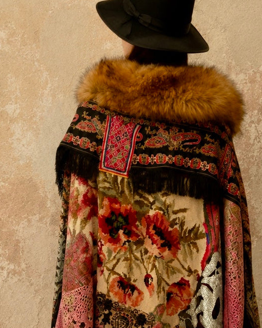Stacey, reworked 1930, wool embroidered cape with faux fur collar