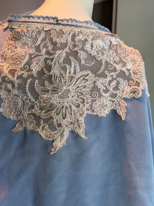 Adina, 30s, hand dyed pale blue silk and lace jacket