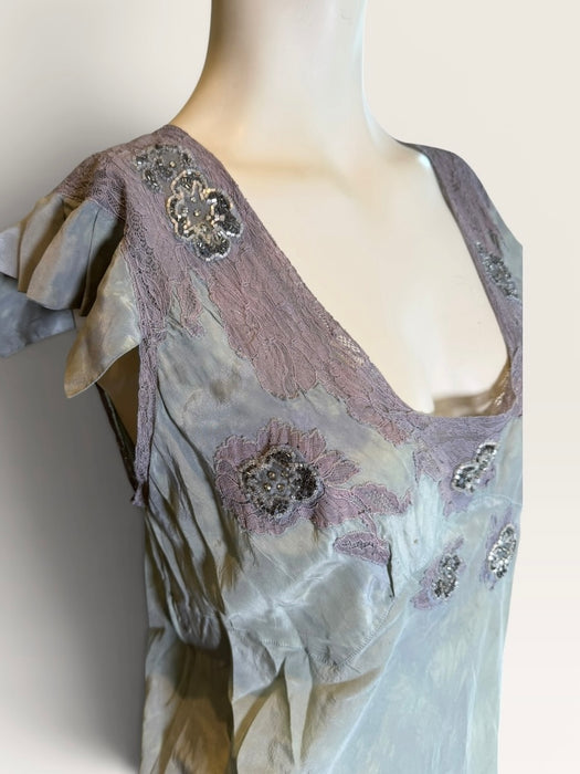 Odette, 1930s hand dyed antique blue silk and lace beaded dress