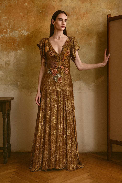 Astrid, 20s bronze/gold bias cut lamé dress with 18thC chenille floral accents