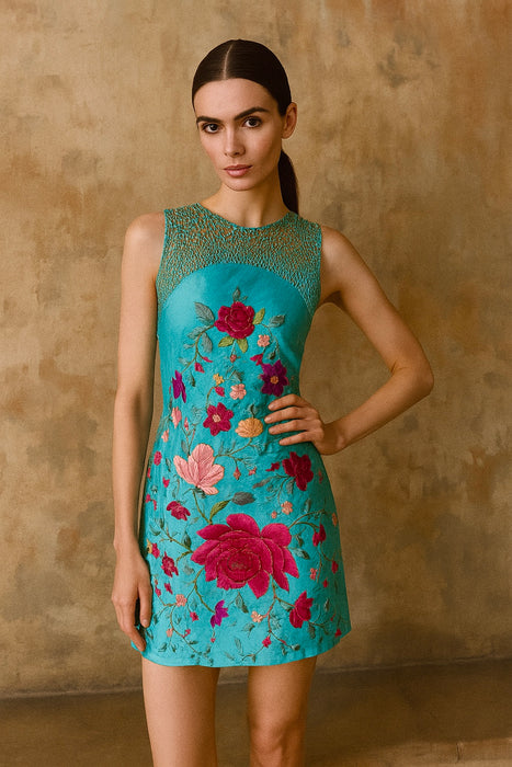 Adrianne, reworked short 40s embroidered piano shawl dress