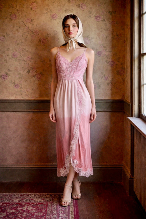 Smart, 40s hand dyed pink and terracotta ombré silk and lace petal dress