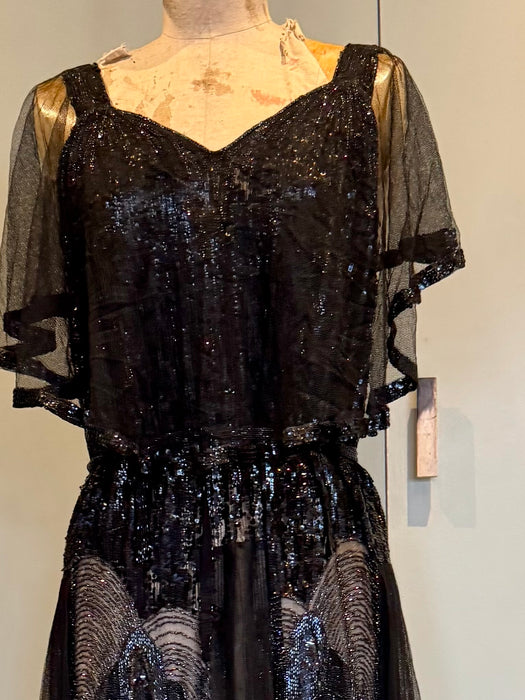 Megan, original 20s black sequins and net dress dress with beaded belt