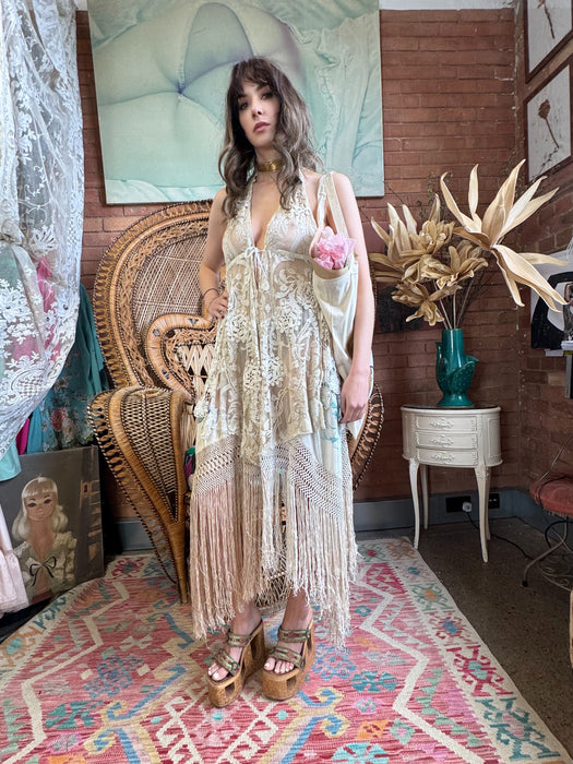 Paula, reworked 30s lace and silk fringed dress