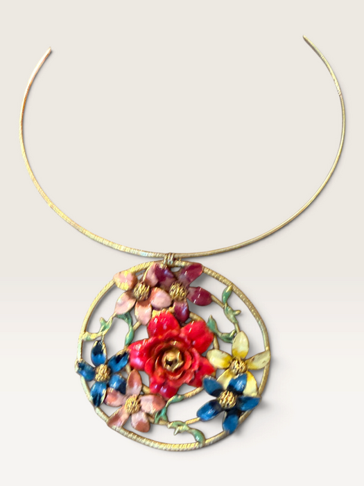Jasmir, hand painted Victorian floral circular pendant on a thin gold choker