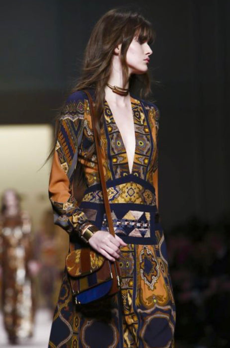 Etro, Fall 2015, runway geometric print beaded long jersey dress