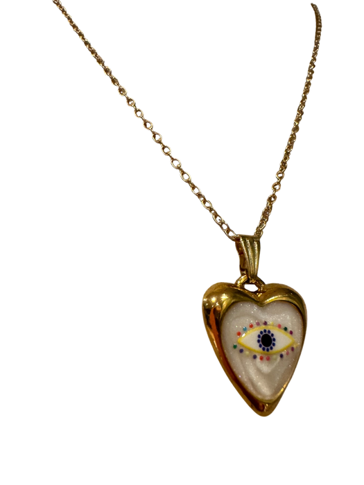 Erin, vintage heart shape ceramic eye charm and 14 c gold pendant and chain