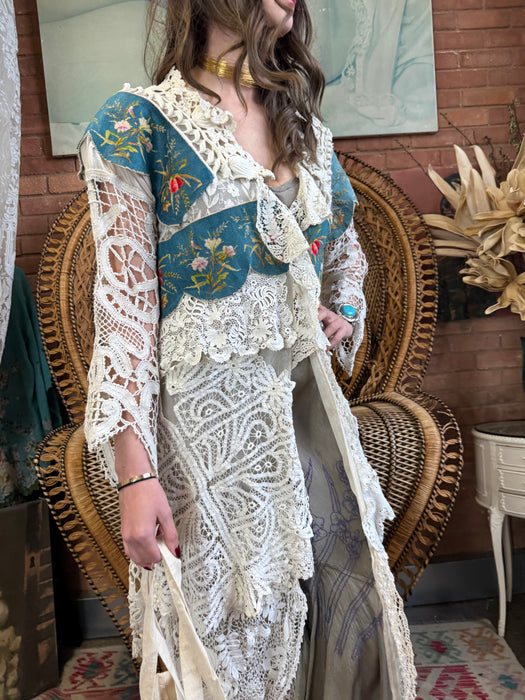 Joyce, reworked antique lace and needlepoint coat
