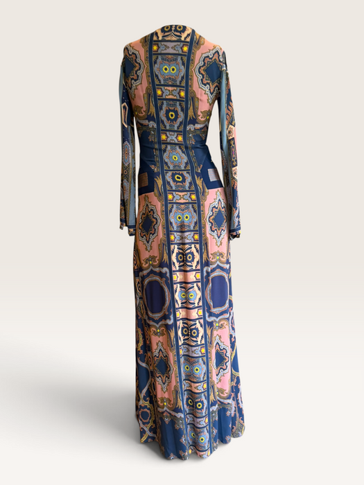 Etro, Fall 2015, runway geometric print beaded long jersey dress
