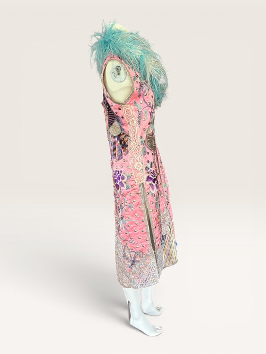 Adage, 19thC pink silk embroidered Chinese long waistcoat with feather collar