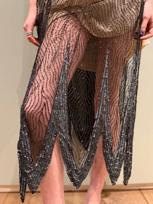 Kray, 20s black beaded scalloped tabard dress