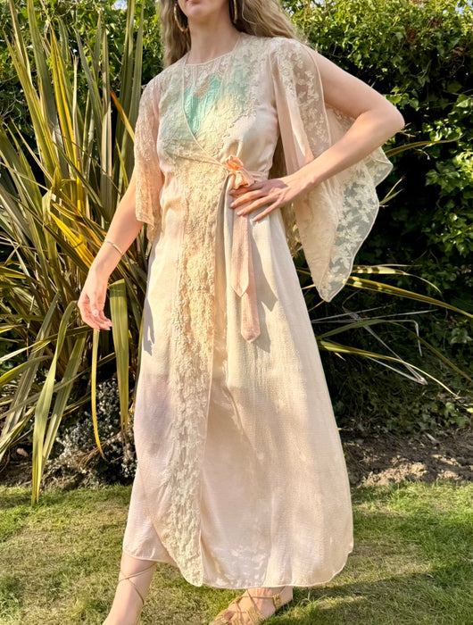 Constance, 20s pink damask silk and lace robe