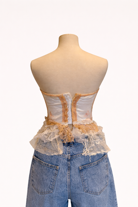 Mirabelle, repurposed 60s  corset with French organza, lace and floral embroidery
