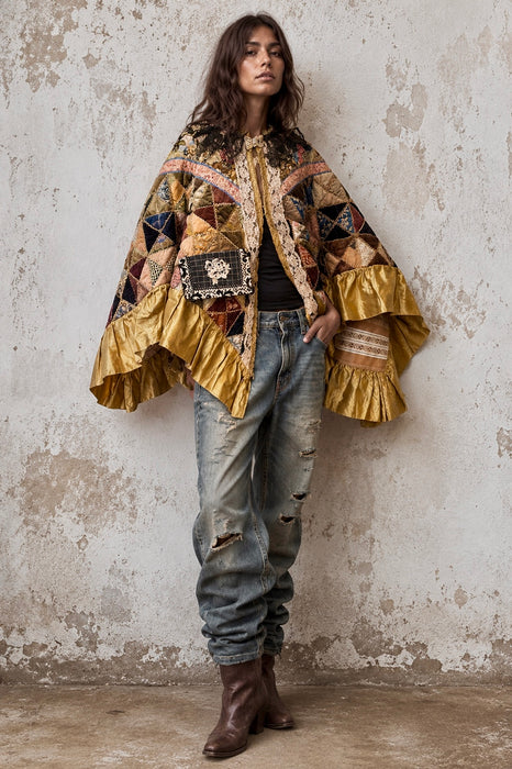 Patricia, reworked Victorian patchwork jacket with lace collar and side pocket