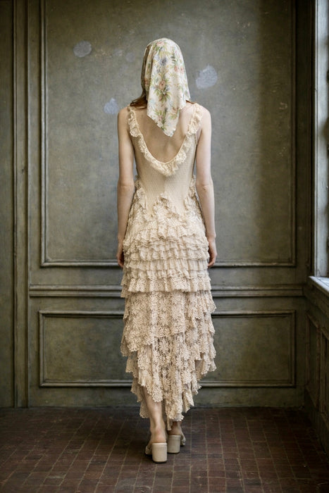 Darcy, vintage muslin and crochet tiered asymmetric dress