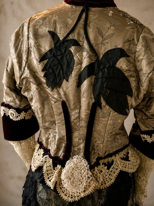 Carlotta, reworked Victorian silk damask and lace boned beaded jacket
