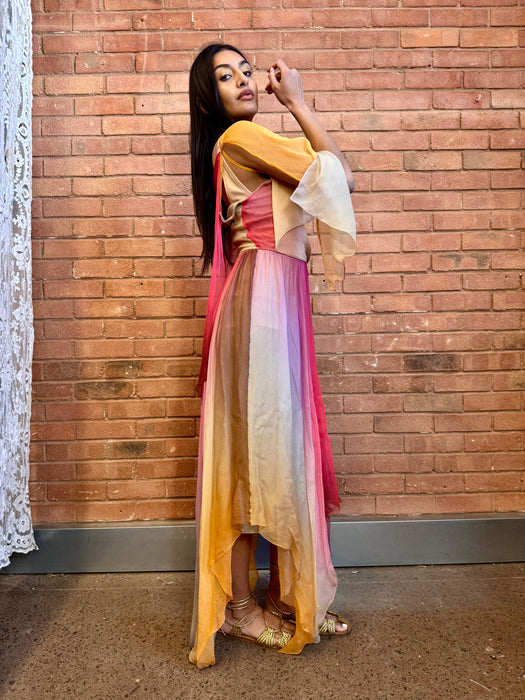 Frank Usher, 70s chiffon ombré handkerchief dress