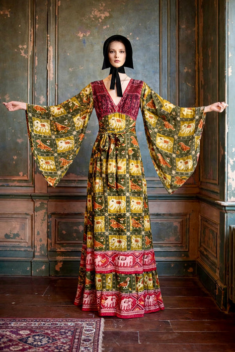Thea Porter, Couture 70s silk print angel sleeve tiered dress