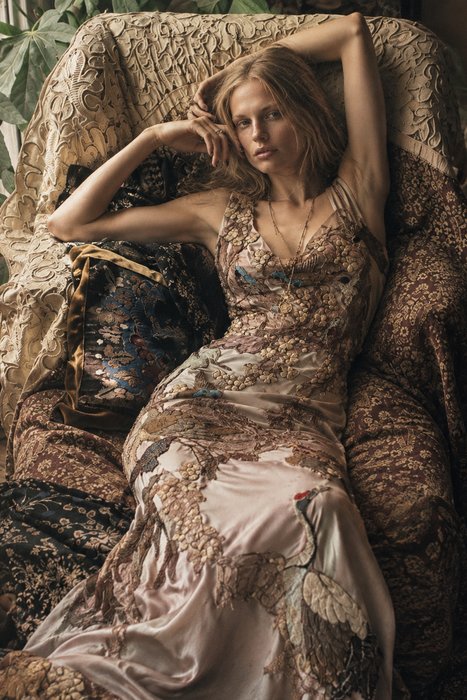 Daria, reworked antique pink bias cut silk and 1930s découpage gown