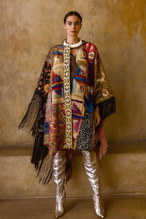 Adonis, 40s Irish wool hooded patchwork fringed coat