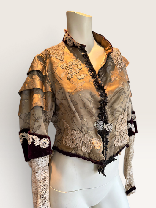 Carlotta, reworked Victorian silk damask and lace boned beaded jacket