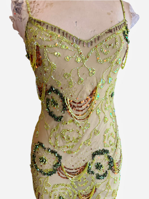 Flora, vintage bias cut beaded dress with ombré frill design