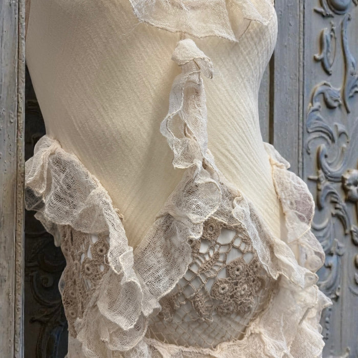 Darcy, vintage muslin and crochet tiered asymmetric dress
