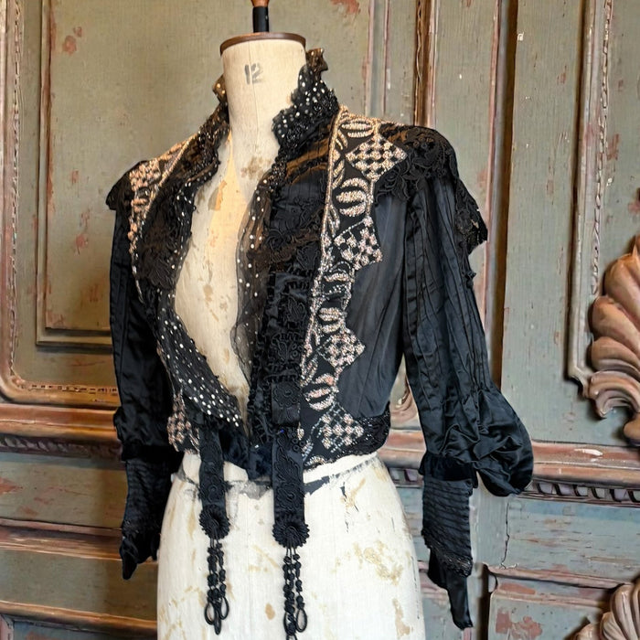 Raine, embellished Victorian silk and beaded silk black jacket