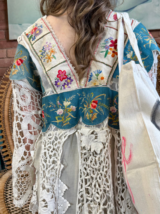 Joyce, reworked antique lace and needlepoint coat