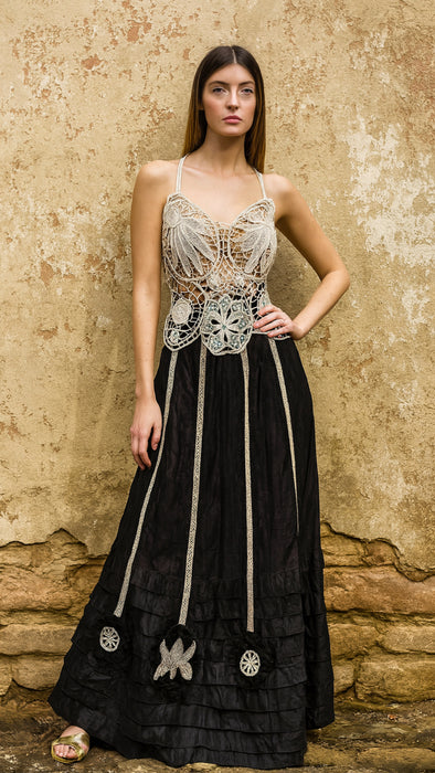 Alina, reworked Victorian tape work and silk lace dress
