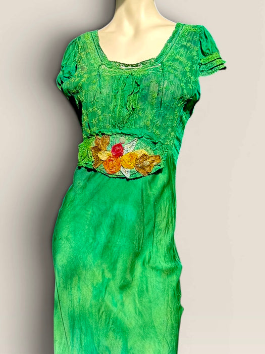 Bora, 1930s emerald green hand dyed silk bias cut dress with lace inserts and Victorian ribbon work florals