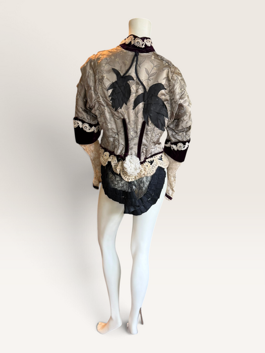 Carlotta, reworked Victorian silk damask and lace boned beaded jacket