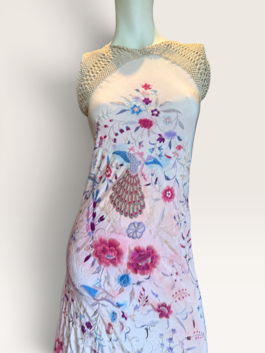 Daria, reworked bias cut cream piano shawl embroidered fringed dress
