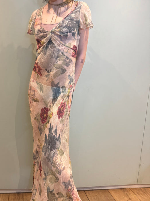 Serena, vintage silk chiffon floral bias cut short sleeve dress