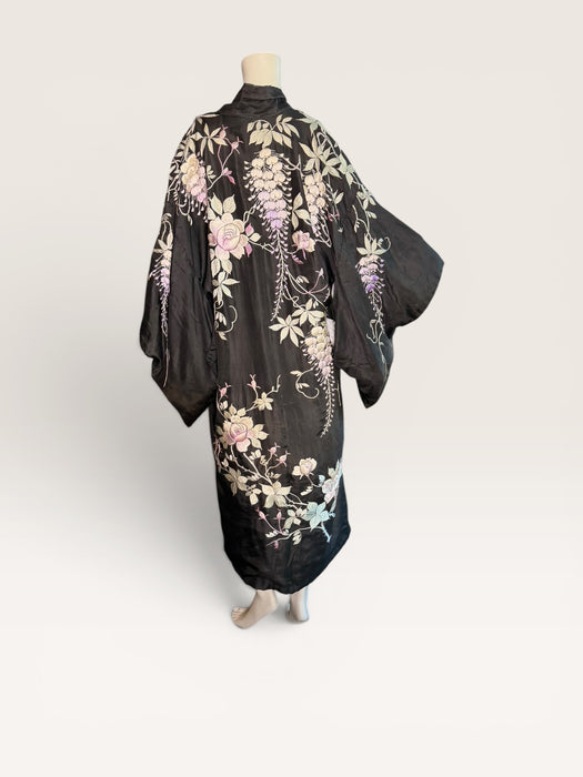 Chi, 1940s dark brown silk Japanese embroidered floral kimono