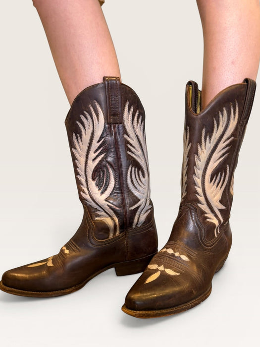 Ozark, 70s brown and cream tooled hand painted cowboy boots