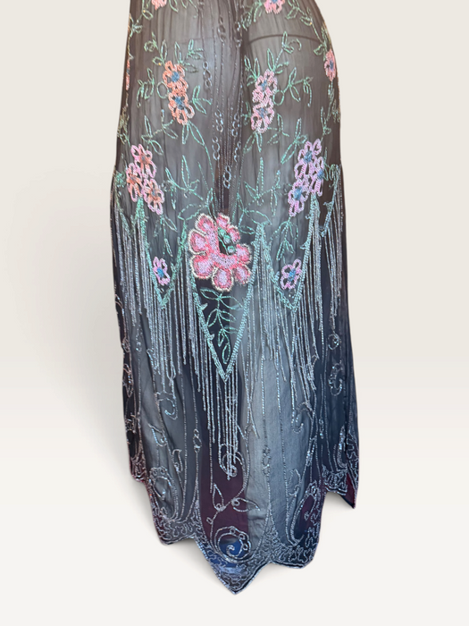 Dana, reworked 1920s black beaded floral fringed silk chiffon scalloped dress