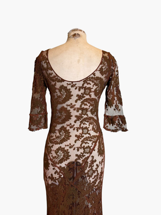Arlo, 1930s burnt orange lace bias cut dress with Edwardian metallic embroidery and hand made silk florals