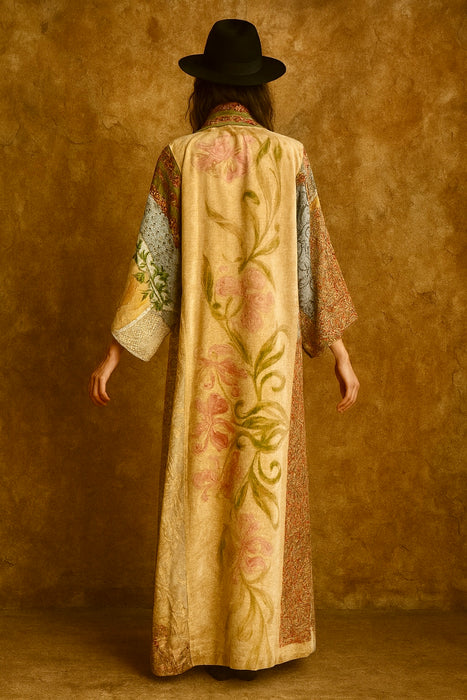 Moana, reworked 40s silk patchwork and hand painted velour long kimono