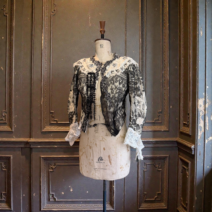 Perry, embellished Victorian lace jacket with hand painted motif