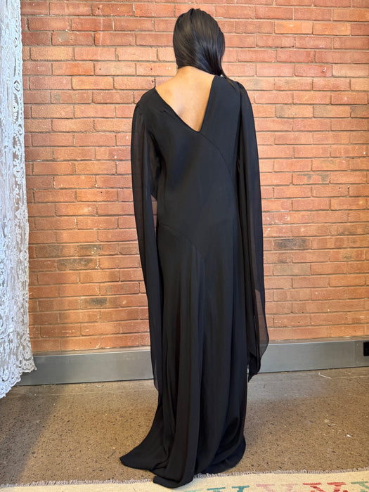 Virna, 30s black bias cut dress with angel sleeves and rhinestone detail