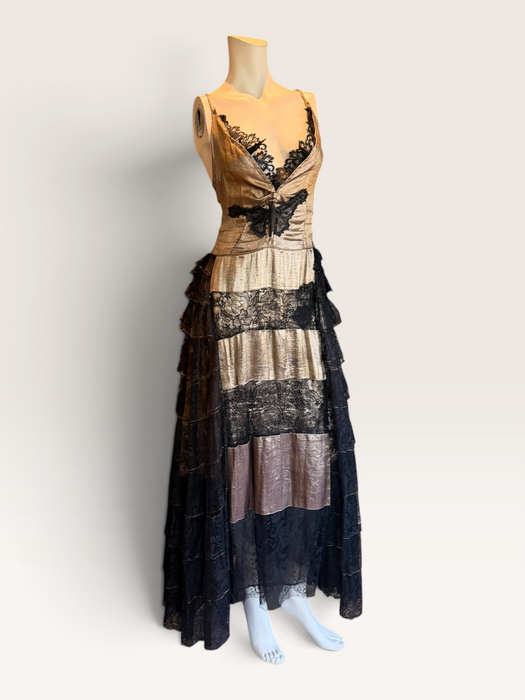 Fay, reworked 1930s gold and black lace tiered dress