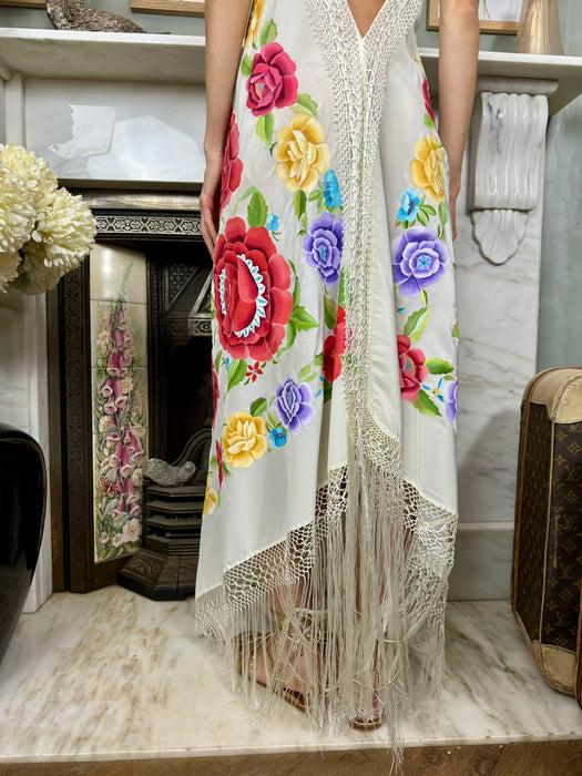 Ocra, 40s silk hand painted floral fringed dress