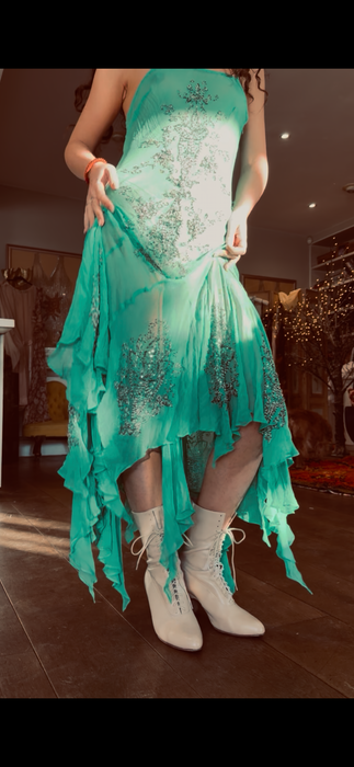 Esmeralda, 90s bias cut chiffon beaded dress with handkerchief silhouette