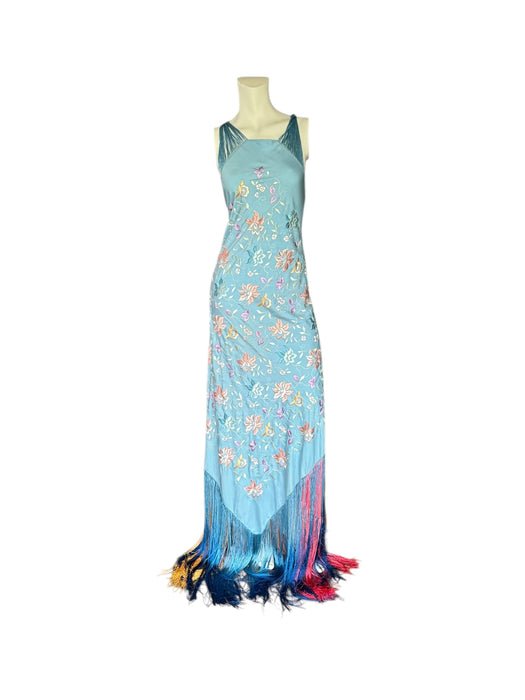 Bella, reworked blue embroidered ombré fringed dress