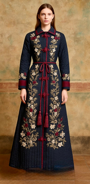 Tara, Victorian silk embroidered floral quilted long coat
